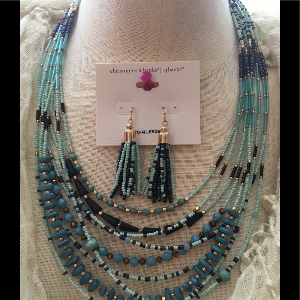 Boho Necklace Set w Earrings Turquoise layered tiny beads